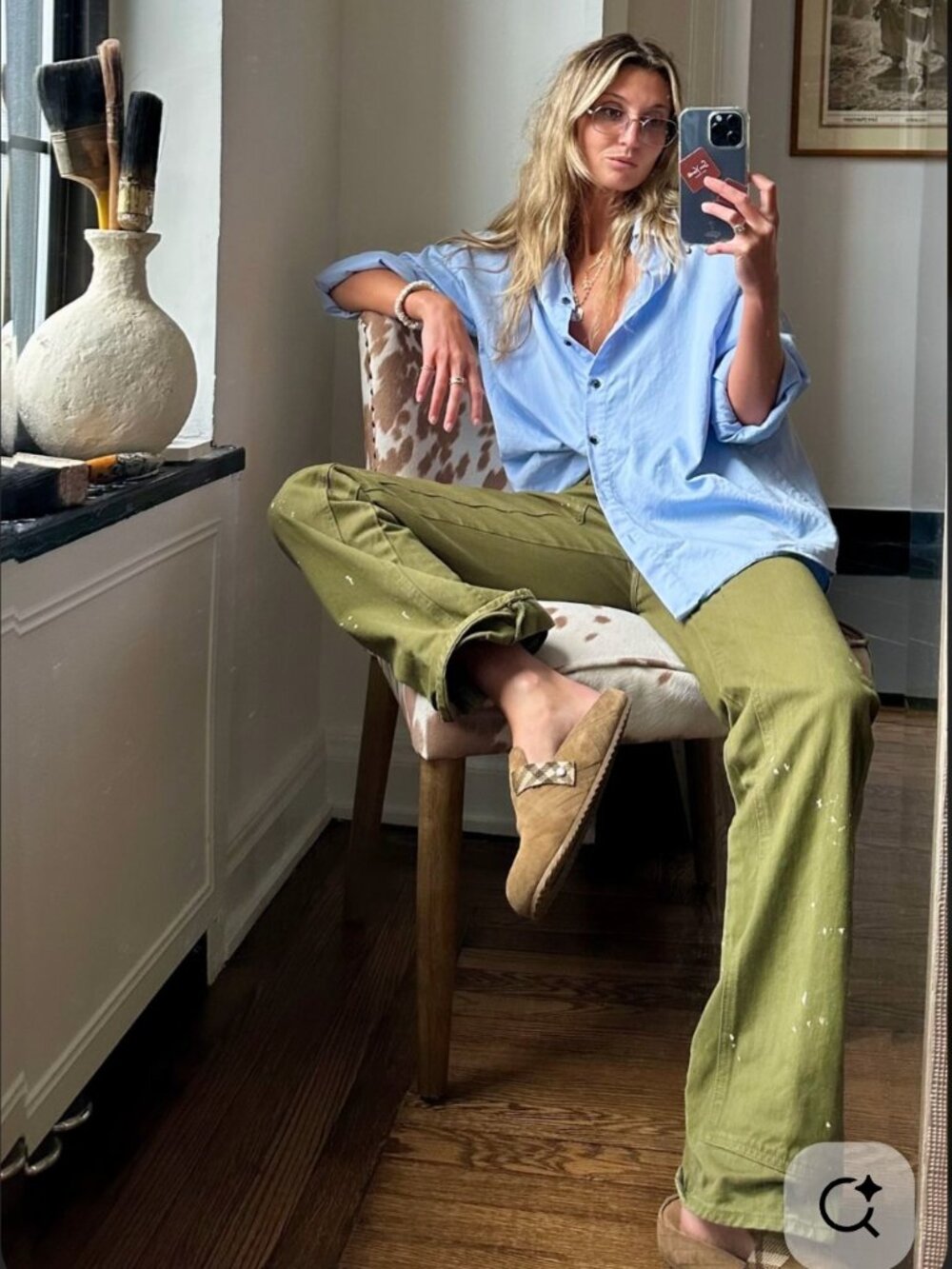 Veronica Beard Olive Straight-Leg Jeans with Cuffed Hem
